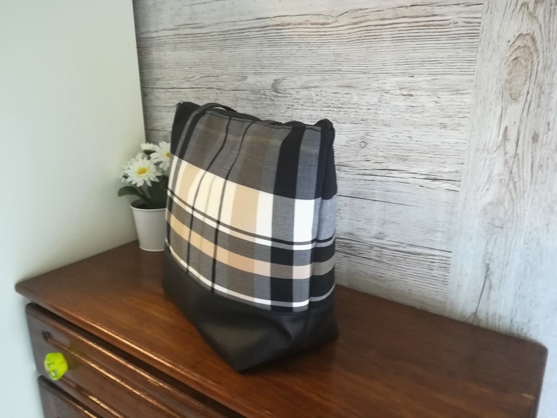Plaid purse Tote bag with zipper Black vegan leather | Etsy