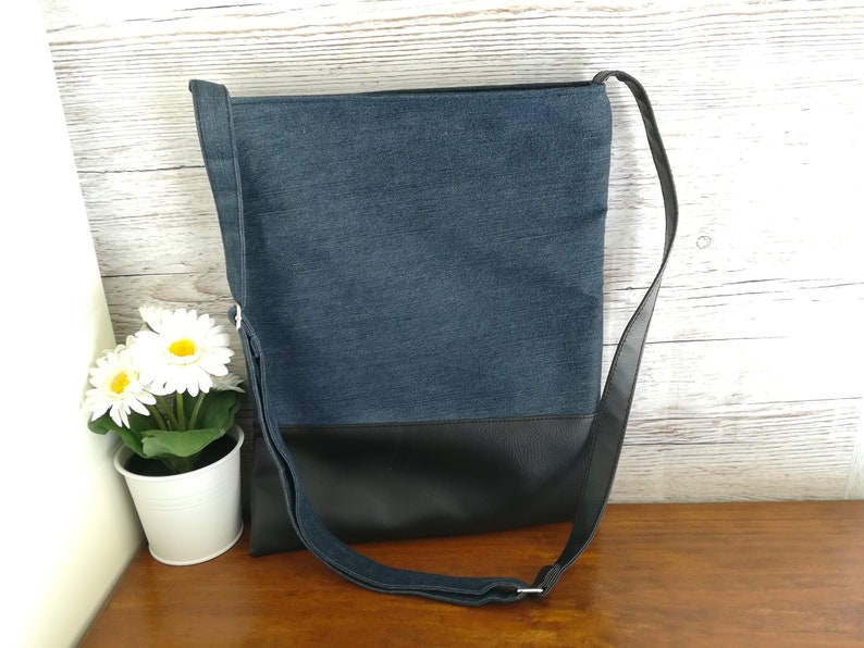 Denim crossbody bag Vegan leather messenger bag