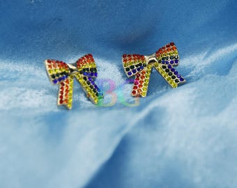 Rainbow Bow Stud Earrings | Rhinestone Pride Earrings | Multicolor Bow Studs | Cute Sparkly Earrings | Rainbow Jewelry