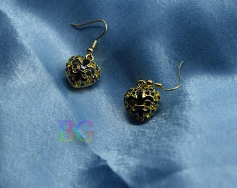 Gold Heart Rhinestone Drop Earrings | New Orleans Fleur de Lis Earrings | Mardi Gras Jewelry | Vintage Inspired Costume Jewelry