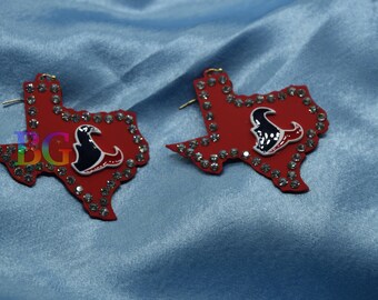 Texans Football Earrings | Red Rhinestone Texas Earrings | Houston Football Fan Jewelry | Game Day Statement Earrings