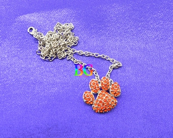 Orange Paw Print Necklace | Rhinestone Paw Pendant | Game Day Jewelry, Sports Fan Necklace, Gift for Her