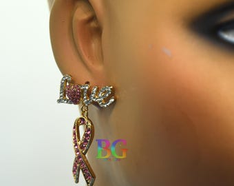 Pink Ribbon Awareness Earrings – Breast Cancer Support Rhinestone Dangle Earrings | Love Script Crystal Earrings