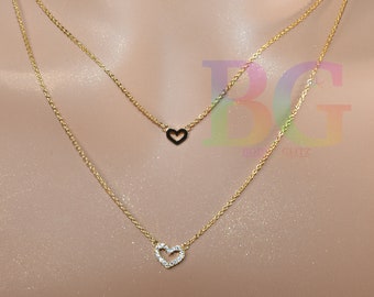 Two Tier Heart Pendant Necklace | Two Tier Heart Choker | Cubic Zirconia Choker | Dainty Necklace | Gold Necklace