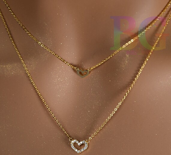 ★PEARLY MORE★ Two Line Heart Choker Necklace Two Tier Heart Pendant Necklace | Two Tier Heart Choker