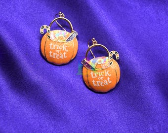 Halloween Trick or Treat Pumpkin Earrings, Candy Bucket Dangle Earrings, Festive Halloween Jewelry, Cute Spooky Earrings, Pumpkin Earrings
