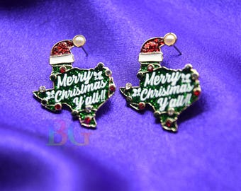 Merry Christmas Y’all Texas Earrings | Texas State Holiday Earrings | Southern Christmas Jewelry | Festive Rhinestone Earrings