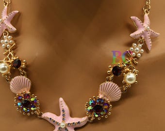 Coastal Mermaid Necklace – Ocean Goddess Starfish & Seashell Jewelry in Blue, Pink, or White | Beachy Statement Necklace