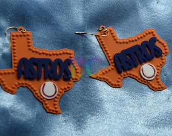 Texas Baseball Astros State Earrings | Orange & Blue Texas Dangle Earrings | Houston Baseball Fan Jewelry | Game Day Statement Earrings