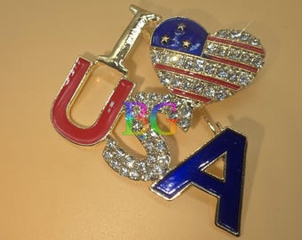 I Love USA Rhinestone Brooch Pin | Patriotic American Flag Heart Pin | Red White Blue Statement Jewelry | Fourth of July Accessory