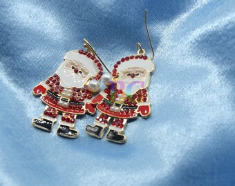 Rhinestone Santa Claus Dangle Earrings | Pearl Detail Christmas Earrings | Holiday Statement Jewelry | Red or Pink
