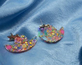 Sparkly Cowgirl Hat Earrings | Resin Western Statement Jewelry | Rodeo Fashion Earrings | Colorful Glitter Charm