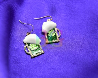 St Patrick’s Day Beer Mug Earrings – Green Lucky Shamrock Rhinestone Earrings, Festive Costume Jewelry