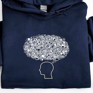 May include: Navy blue hooded sweatshirt featuring a white graphic of a thought bubble above a person's head. The thought bubble is filled with small icons. The hoodie has a drawstring.