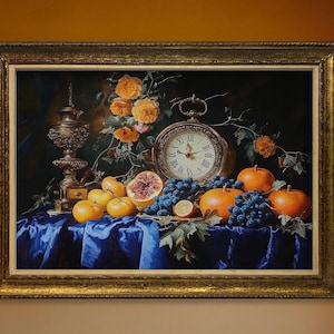 Still Life Print Elegant Fruit and Gold Details Luxurious Baroque Wall Art with Ornate Frame