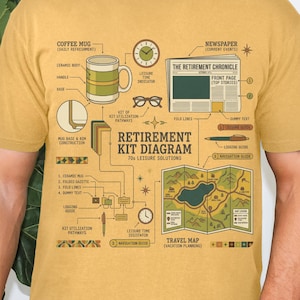 May include: Mustard yellow t-shirt featuring a diagram of a retirement kit. The diagram includes a coffee mug, newspaper, map, and other leisure items. Text on the shirt reads "Retirement Kit Diagram 70% Leisure Solutions."