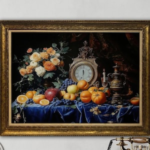 Still Life Print Elegant Fruit and Gold Details Luxurious Baroque Wall Art with Ornate Frame