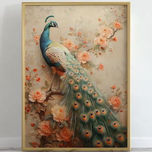 Peacock Wall Art Print Vintage Style with Gold Accents Large Framed Canvas Bird Artwork for Living Room or Bedroom | Elegant Nature Decor