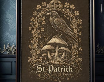 St Patrick's Day Poster, Keltischer Rabe, Glücksklee, Pilze, Irischer Kunstdruck, Keltisches Kreuz, Natur Kunstwerk, Wohnkultur