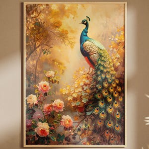 Peacock Wall Art Enchanted Print Elegant Bird Framed Artwork Large Canvas Painting Gold Accents Maximalist Home Decor Muted Colors Nature