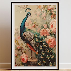 Peacock Wall Art Enchanted Print Elegant Bird Framed Artwork Large Canvas Painting Gold Accents Maximalist Home Decor Muted Colors Nature