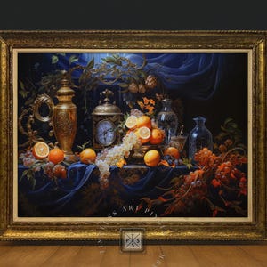 Vintage Still Life Print Elegant Fruit and Gold Details Luxurious Baroque Wall Art with Ornate Frame