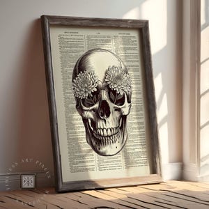 Vintage Skull Flower Poster on Dictionary Page Gothic Botanical Wall Art for Dark Academia Home or Tattoo-Inspired Decor