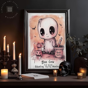 Ghost School Art Boo Crew Erste Klasse Halloween Klassenzimmer Wandkunst Lustiger Geist Poster für Lehrer, die kleine Monster erziehen, Druckdekor