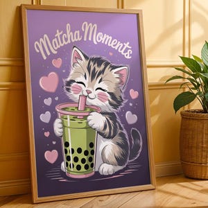 Matcha momenten schattige kat boba thee muurkunst print, kawaii kitten bubble tea poster, grappig kattenliefhebber cadeau, matcha decor
