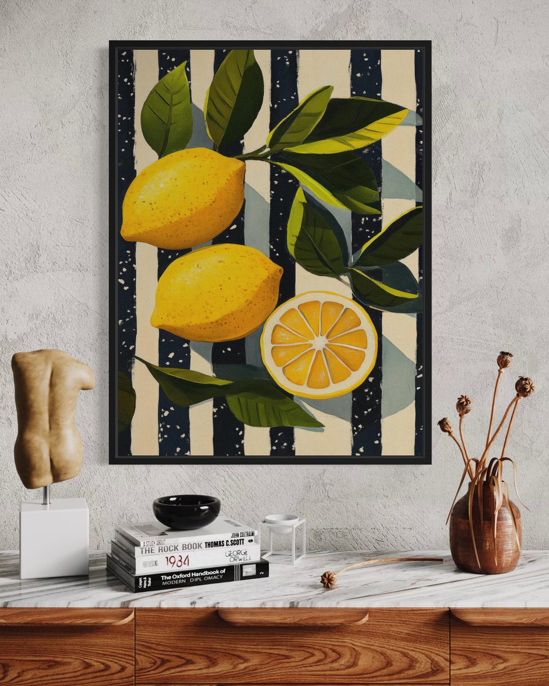 Lemon Wall Art With Striped Background Citrus Fruit Painting Leaves for ...