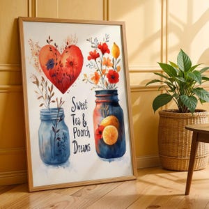 Poster Süßer Tee und Veranda Träume Aquarell Druck Einmachglas Zitrone Blumen Herz Südländische Land Wand Kunst Rustikal Sommer Papier Dekor