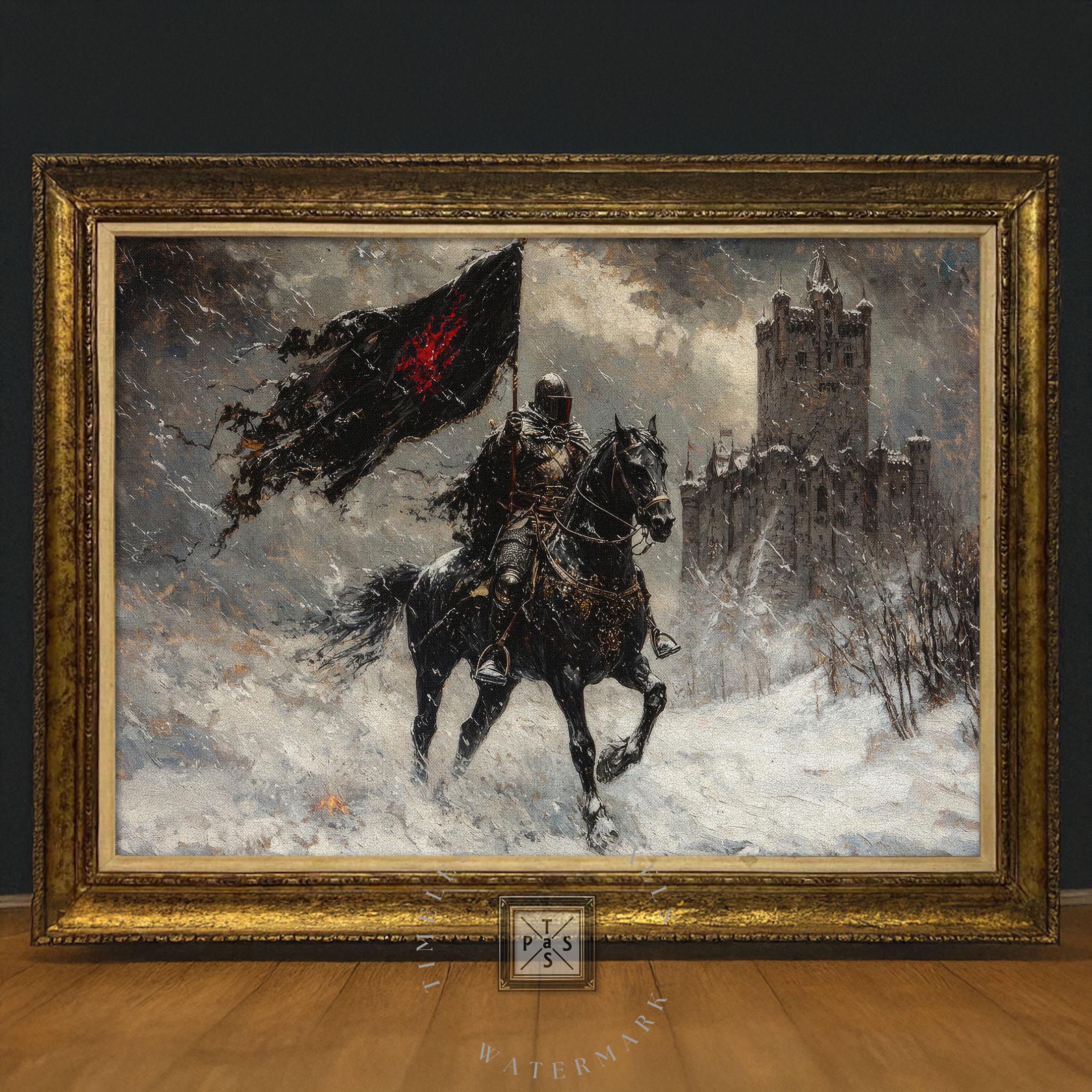 Epic Medieval Knight Artwork Riding Black Horse in Snowy Castle Scene ...