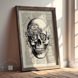 Vintage Skull Flower Poster on Dictionary Page Gothic Botanical Wall Art for Dark Academia Home or Tattoo-Inspired Decor