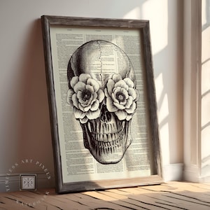 Vintage Skull Flower Poster on Dictionary Page Gothic Botanical Wall Art for Dark Academia Home or Tattoo-Inspired Decor