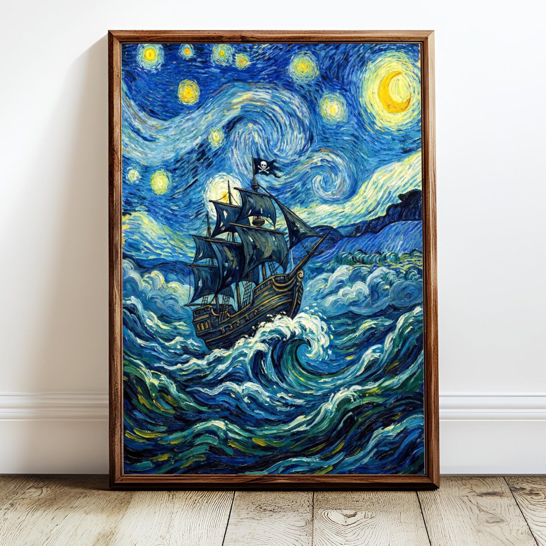 Pirate Ship Starry Night Poster, Van Gogh Inspired Wall Art, Nautical ...