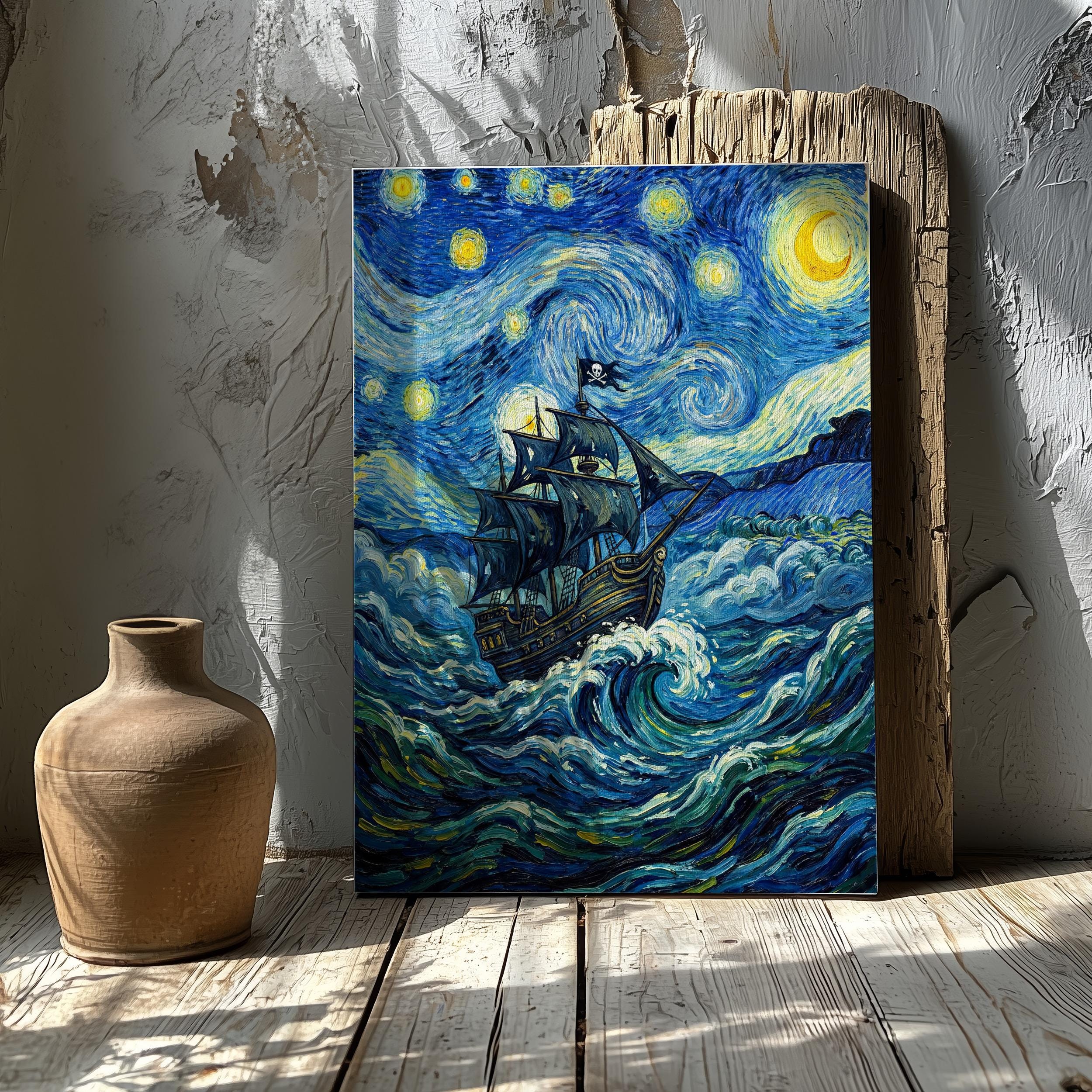 Pirate Ship Starry Night Poster, Van Gogh Inspired Wall Art, Nautical ...