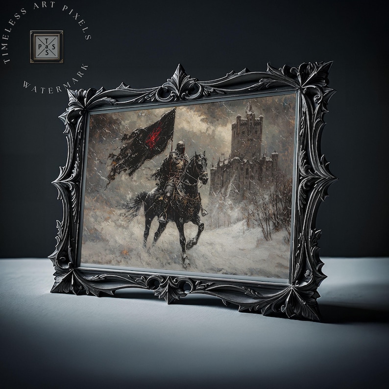 Epic Medieval Knight Artwork Riding Black Horse in Snowy Castle Scene ...