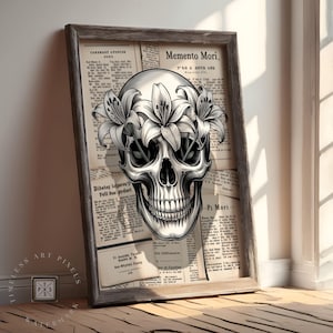 Vintage Skull Flower Poster on Dictionary Page Gothic Botanical Wall Art for Dark Academia Home or Tattoo-Inspired Decor