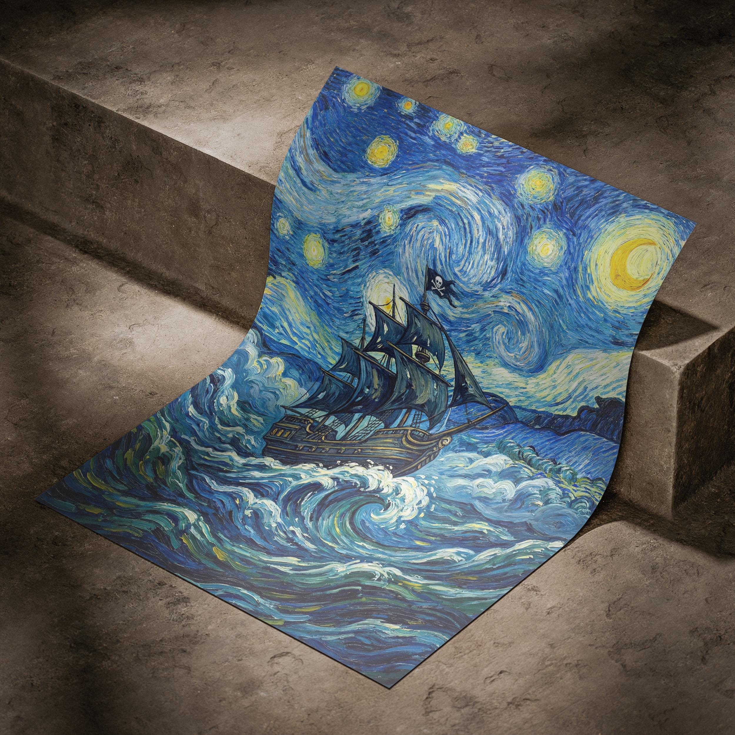 Pirate Ship Starry Night Poster, Van Gogh Inspired Wall Art, Nautical ...
