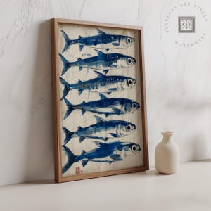 Impresión artística de pintura de sardinas, pez costero del océano imprimible, decoración de pared de casa de playa, póster de vida marina rústica, decoración de pared para restaurante de pescado