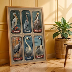 Respektieren Sie Die Einheimischen Wasservogel-Druckplakat mit Reiher, Schwan, Pelikan, Kranich Und Gans-Weinlese-Stempel-Art-Wildtier-Wand-Kunst für Natur-Dekor