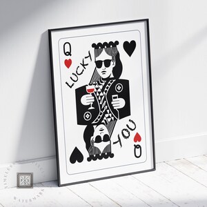Stampa di carte da gioco Lucky You Queen, arte murale alla moda, poster di tipografia divertente, regalo romantico stampabile, decorazione murale retrò minimalista