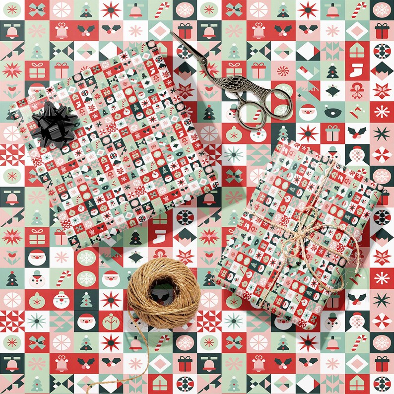 Retro Christmas Wrapping Paper With Icons Trees Snowmen Bells Candy ...