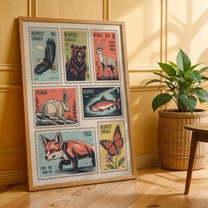 Respektiere die Einheimischen Digitales Wandbild, zum ausdrucken, Wildtier Stempel Poster mit Fuchs Bär Adler Reh Eichhörnchen Schmetterling und Lachse