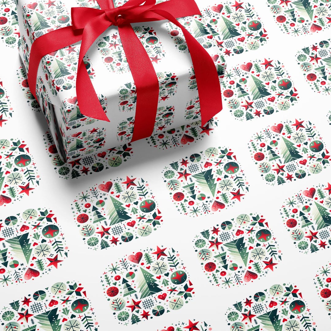 Mid Century Modern Christmas Wrapping Paper Retro Tree Heart Star ...
