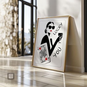Stampa di carte da gioco Lucky You Queen, arte murale alla moda, poster di tipografia divertente, regalo romantico stampabile, decorazione murale retrò minimalista
