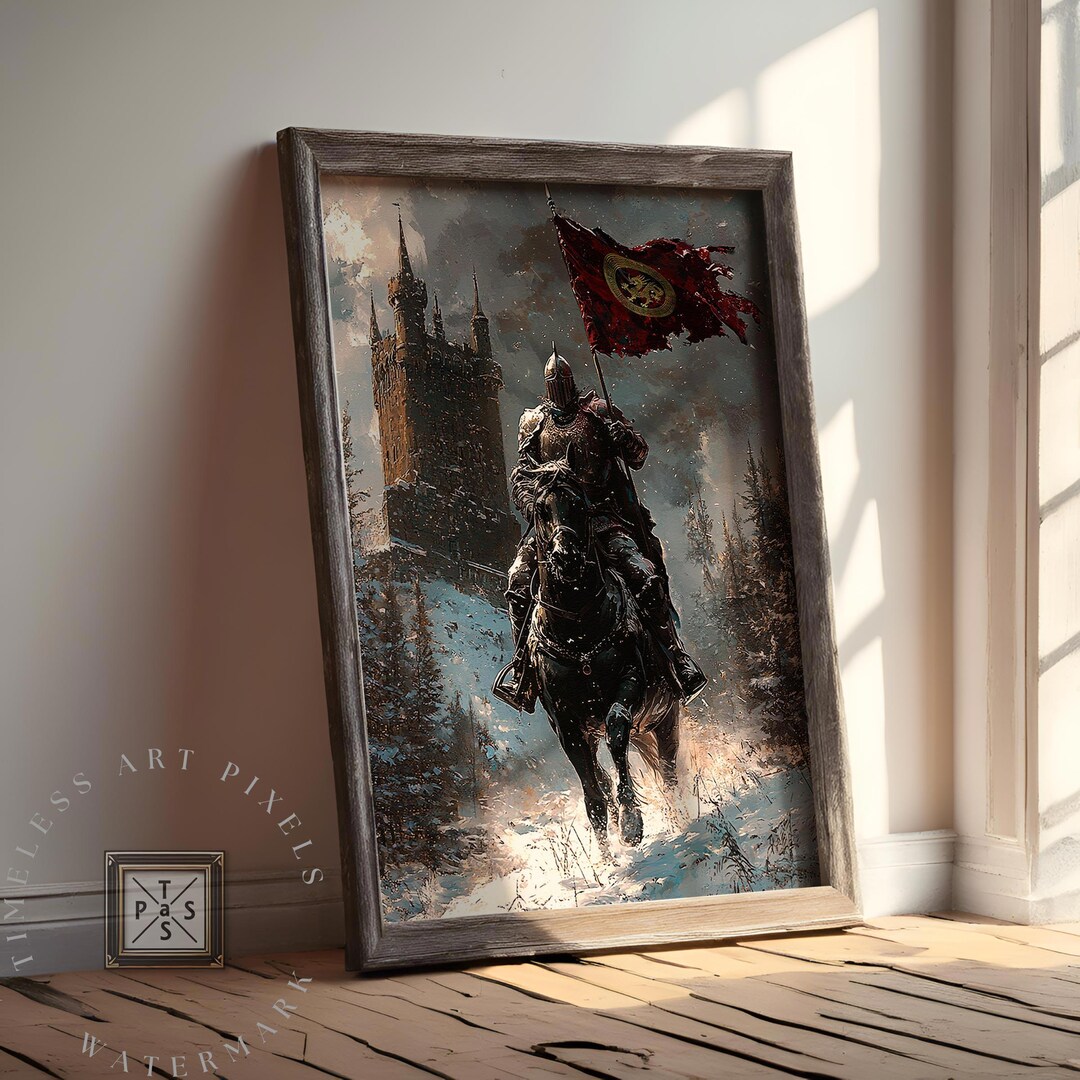 Epic Medieval Knight Artwork Riding Black Horse in Snowy Castle Scene ...
