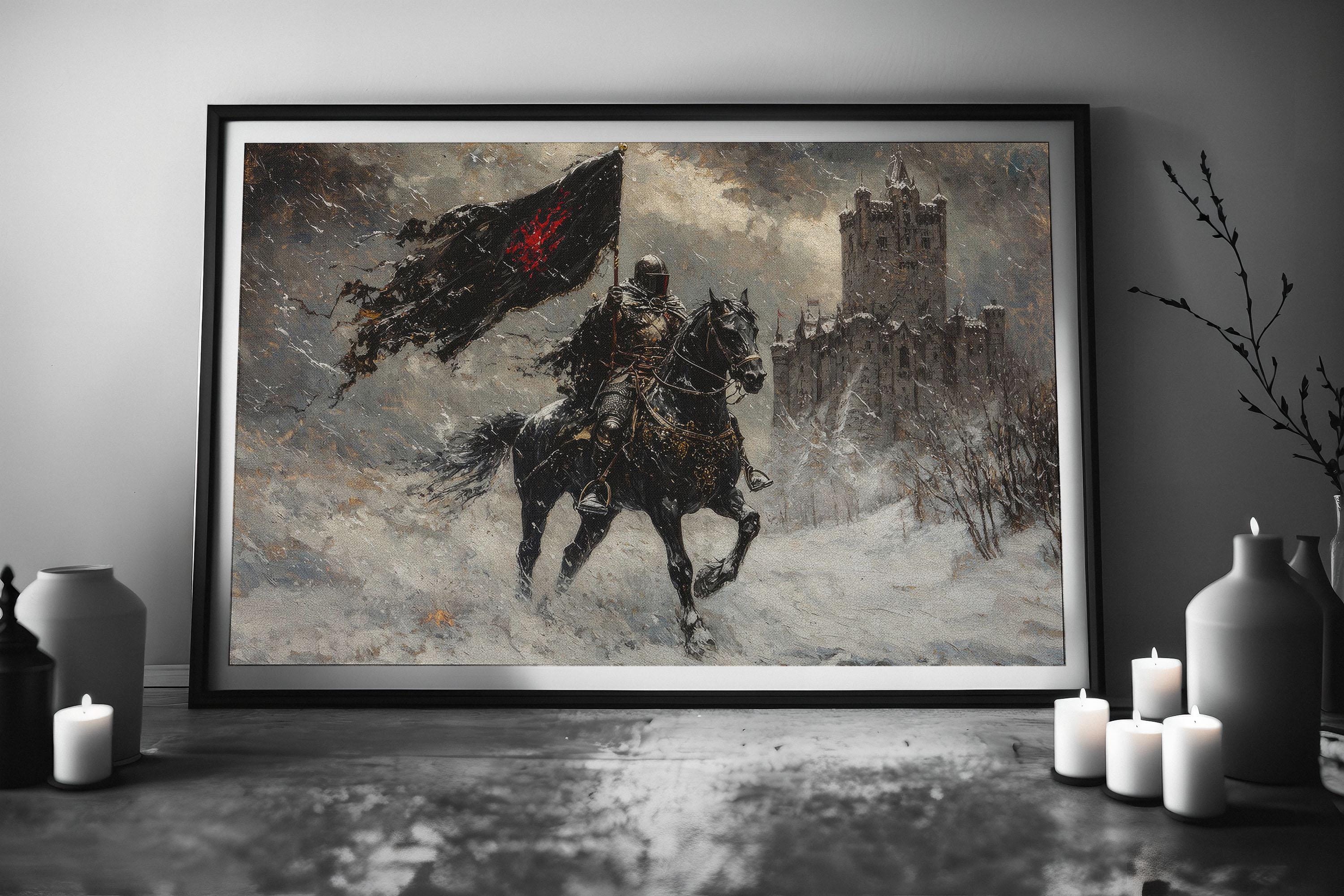 Epic Medieval Knight Artwork Riding Black Horse in Snowy Castle Scene ...