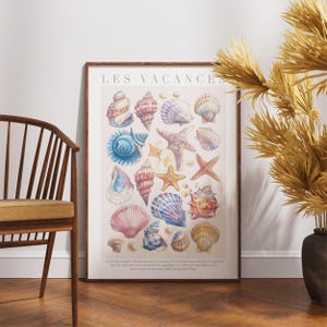 Impresión artística de conchas marinas con texto en francés, decoración de pared costera, póster con ilustración de conchas de playa, obra de arte con temática náutica oceánica