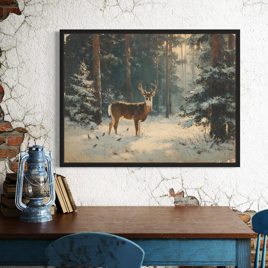 Deer Wall Art in Snowy Forest Canvas Print Rustic Wildlife Painting for ...